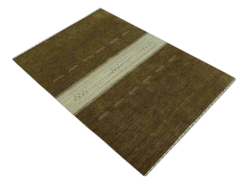 Custom Made Brown and Ivory Geometrical Stripes Design wool Area Rug