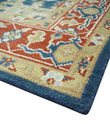 Custom Made Brown, Blue, Ivory and Olive Hand knotted Traditional Heriz Medallion Wool Area Rug