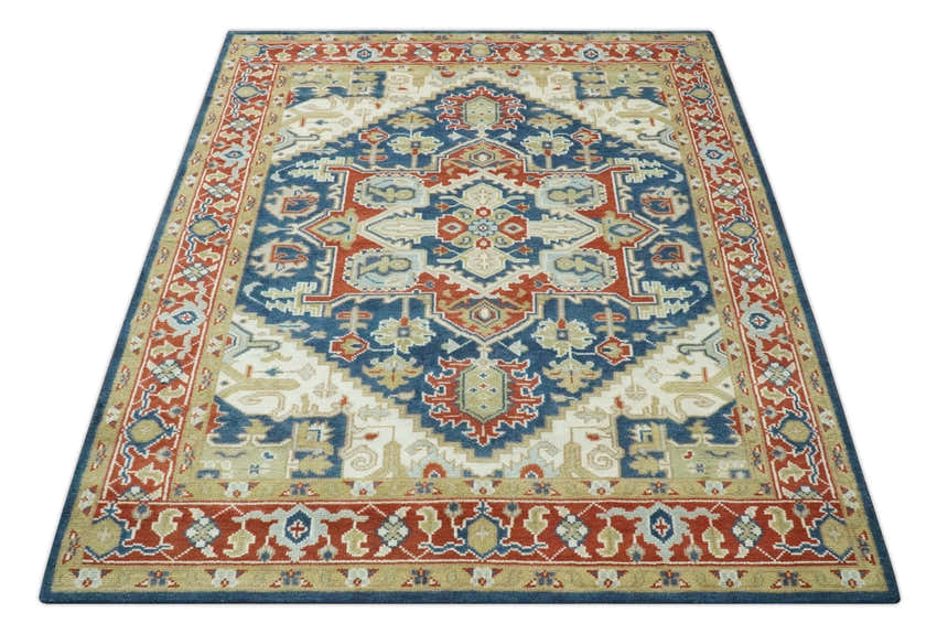 Custom Made Brown, Blue, Ivory and Olive Hand knotted Traditional Heriz Medallion Wool Area Rug