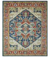 Custom Made Brown, Blue, Ivory and Olive Hand knotted Traditional Heriz Medallion Wool Area Rug