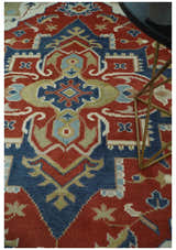 Custom Made Brown, Blue, Ivory and Olive Traditional Heriz Medallion Wool Area Rug