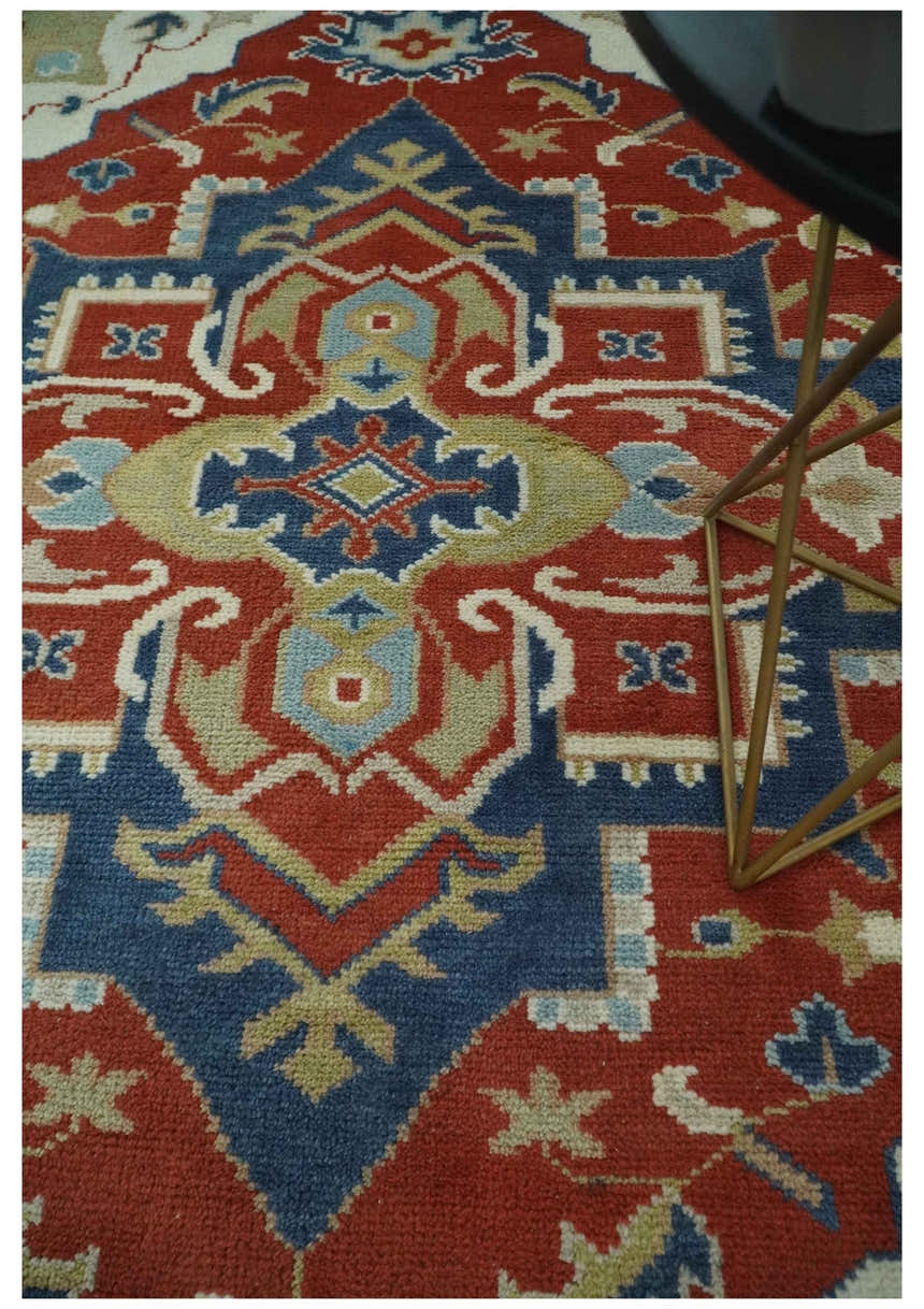 Custom Made Brown, Blue, Ivory and Olive Traditional Heriz Medallion Wool Area Rug