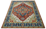 Custom Made Brown, Blue, Ivory and Olive Traditional Heriz Medallion Wool Area Rug