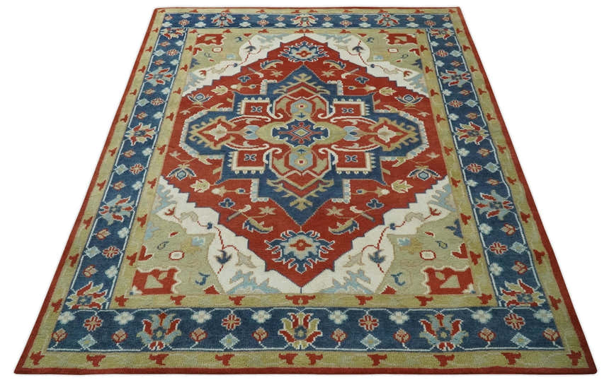 Custom Made Brown, Blue, Ivory and Olive Traditional Heriz Medallion Wool Area Rug