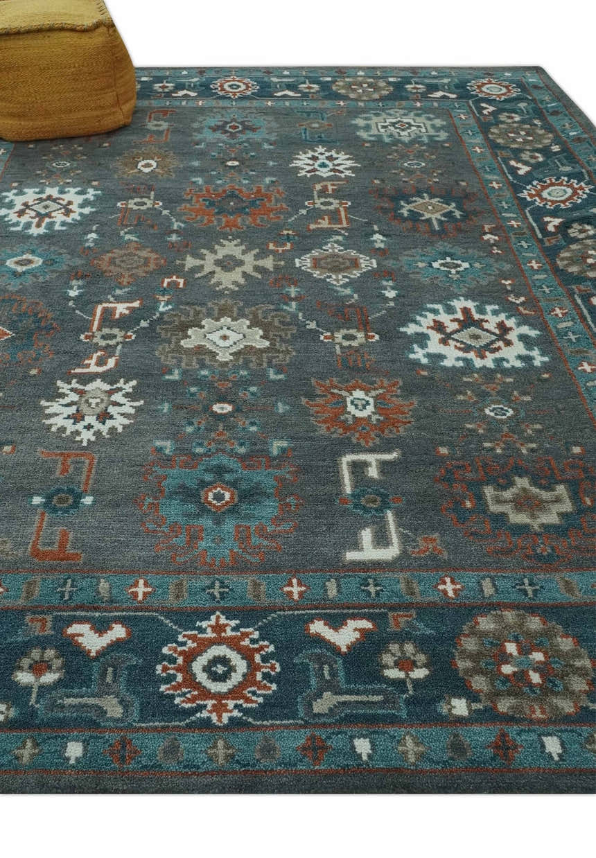 Custom Made Charcoal and Teal Hand knotted Traditional Oushak wool area rug
