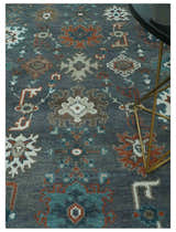 Custom Made Charcoal and Teal Hand knotted Traditional Oushak wool area rug