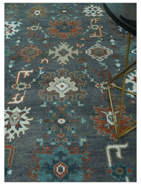 Custom Made Charcoal and Teal Hand knotted Traditional Oushak wool area rug