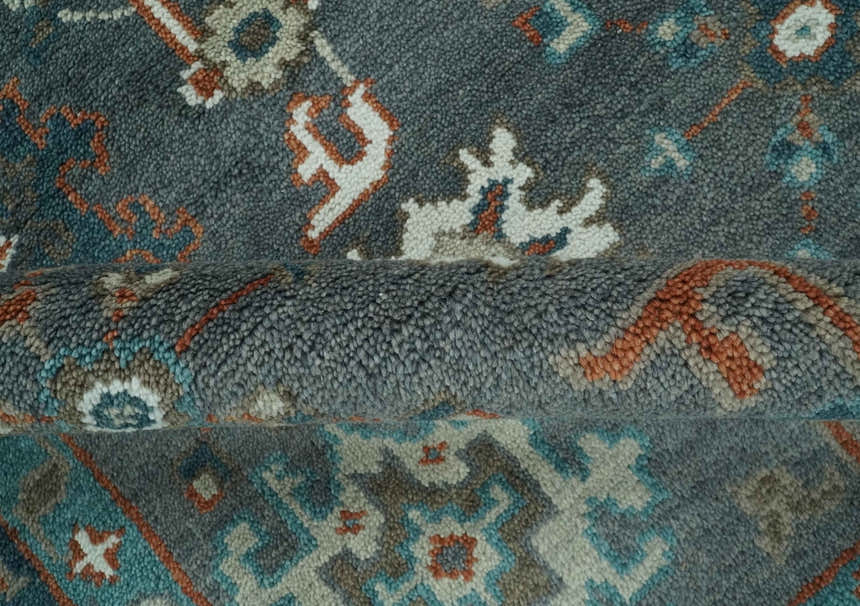 Custom Made Charcoal and Teal Hand knotted Traditional Oushak wool area rug