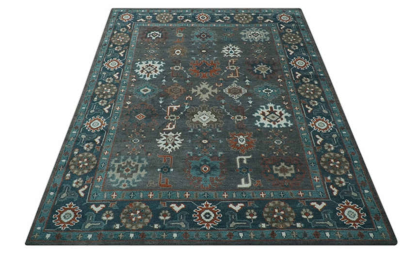 Custom Made Charcoal and Teal Hand knotted Traditional Oushak wool area rug