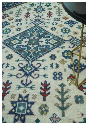 Custom Made Colorful Ivory, Blue, Brown and Teal Hand Knotted Traditional Heriz size wool Area Rug