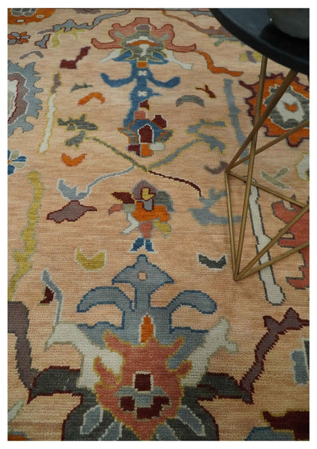 Custom Made Colorful Peach and Green Hand knotted Oushak wool Area Rug