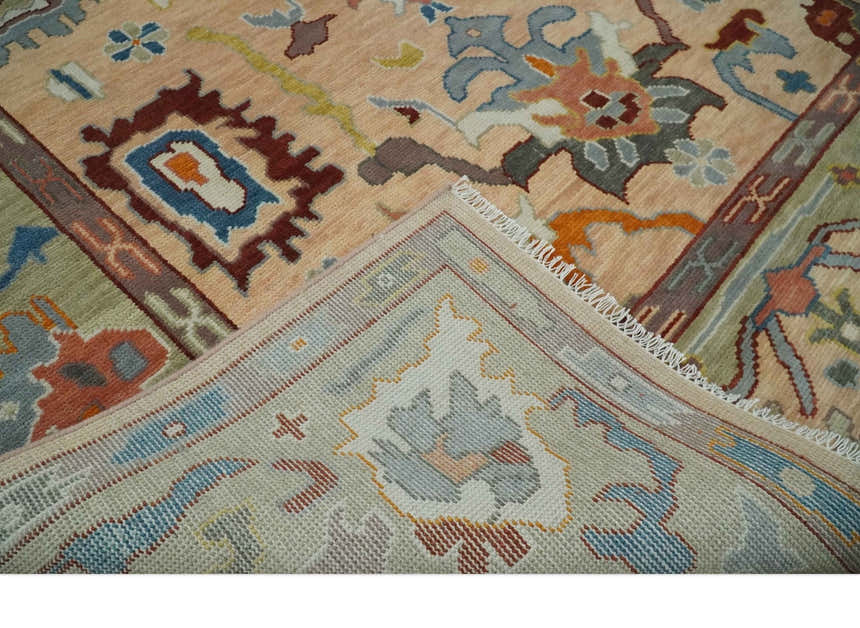 Custom Made Colorful Peach and Green Hand knotted Oushak wool Area Rug