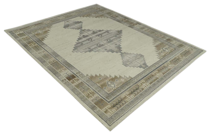 Custom Made Earthy Hand Knotted Ivory, Charcoal and Beige Wool Area Rug
