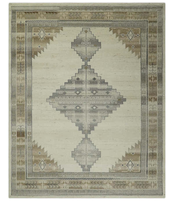 Custom Made Earthy Hand Knotted Ivory, Charcoal and Beige Wool Area Rug