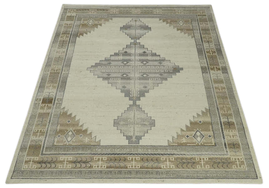 Custom Made Earthy Hand Knotted Ivory, Charcoal and Beige Wool Area Rug