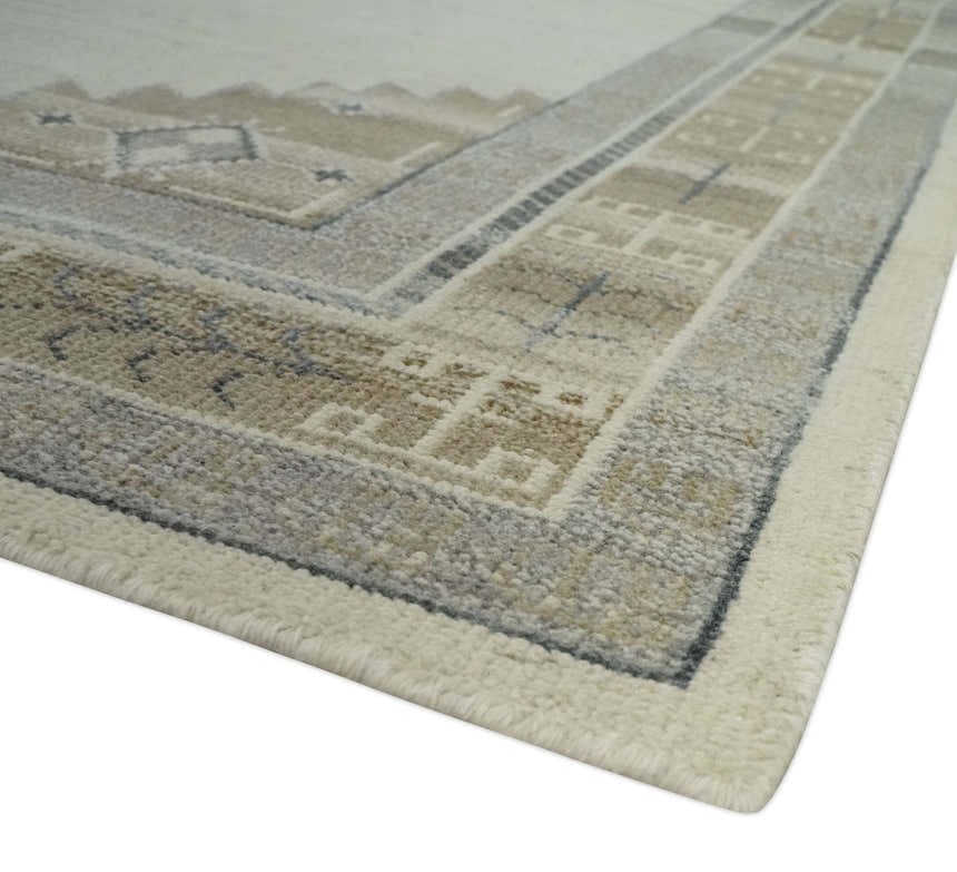 Custom Made Earthy Hand Knotted Ivory, Charcoal and Beige Wool Area Rug