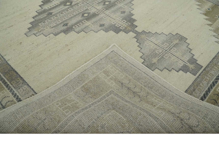 Custom Made Earthy Hand Knotted Ivory, Charcoal and Beige Wool Area Rug