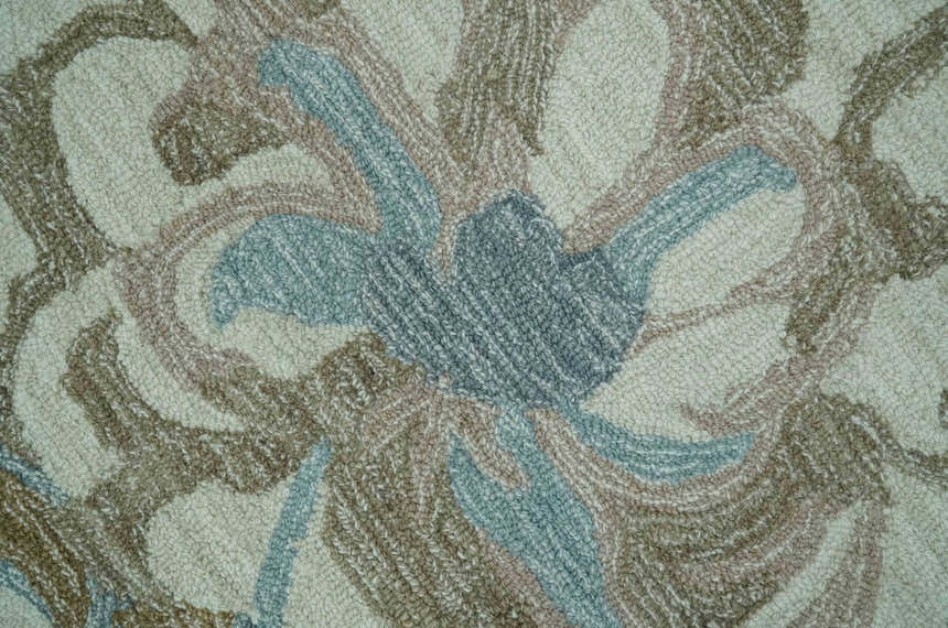 Custom Made Elegant Blue, Ivory and Olive Floral Design Hand Tufted wool Rug