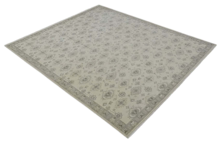 Custom Made Fine Hand Knotted Ivory and Charcoal Style Hand knotted Wool Area Rug