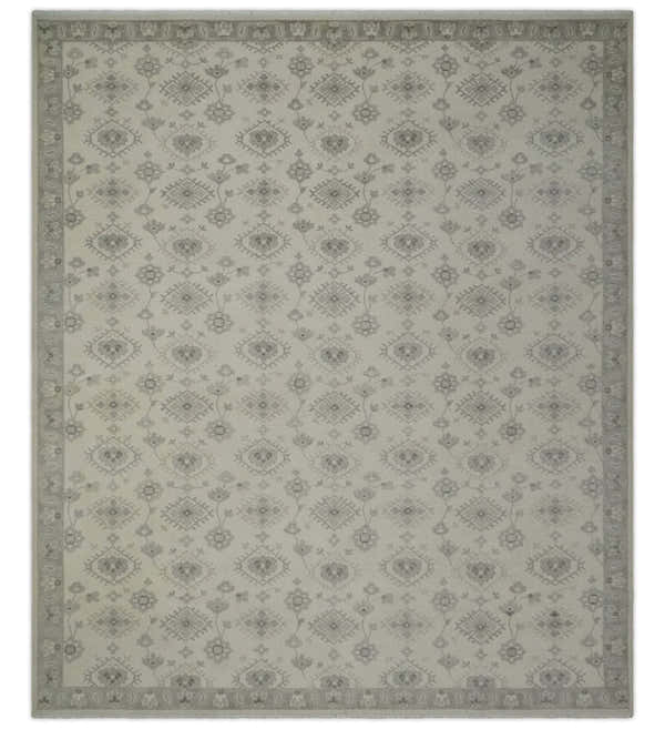Custom Made Fine Hand Knotted Ivory and Charcoal Style Hand knotted Wool Area Rug