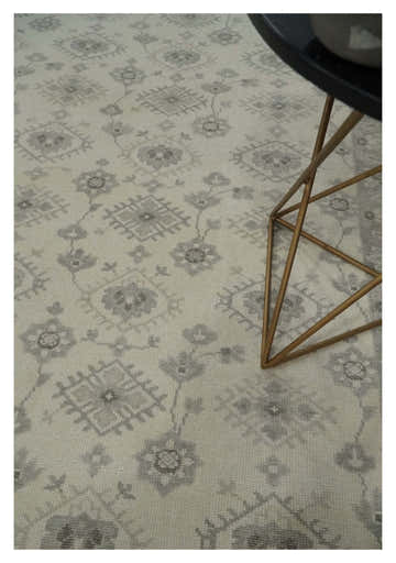 Custom Made Fine Hand Knotted Ivory and Charcoal Style Hand knotted Wool Area Rug
