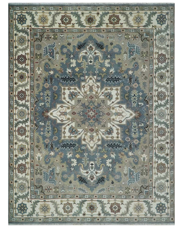 Custom Made Fine Knots Hand Knotted Ivory, Taupe and Olive Traditional Wool Rug