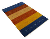 Custom Made Gabbeh Blue, Brown and Gold Stripes Design Wool Rug