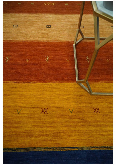 Custom Made Gabbeh Blue, Brown and Gold Stripes Design Wool Rug