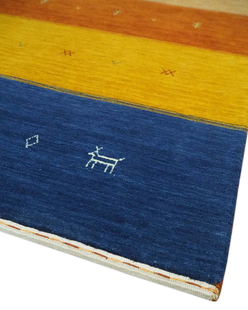 Custom Made Gabbeh Blue, Brown and Gold Stripes Design Wool Rug