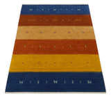 Custom Made Gabbeh Blue, Brown and Gold Stripes Design Wool Rug