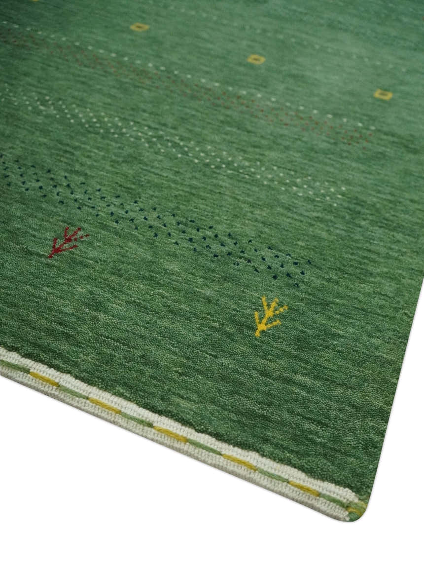 Custom Made Geometrical Stripes Design Green, Ivory and Charcoal wool Area Rug