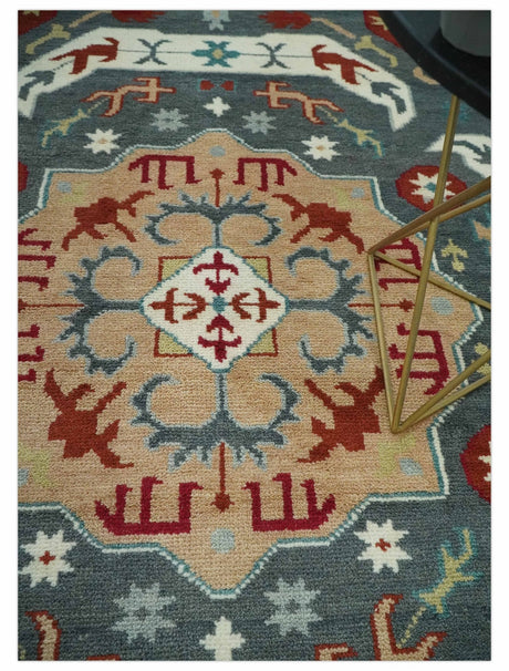 Custom Made Gray, Rust and Peach Traditional Medallion Mamluk Design wool Rug
