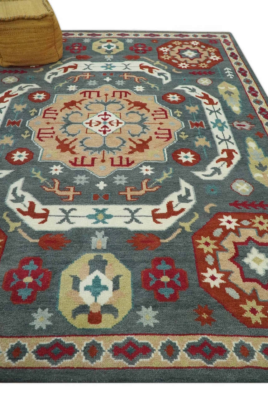 Custom Made Gray, Rust and Peach Traditional Medallion Mamluk Design wool Rug