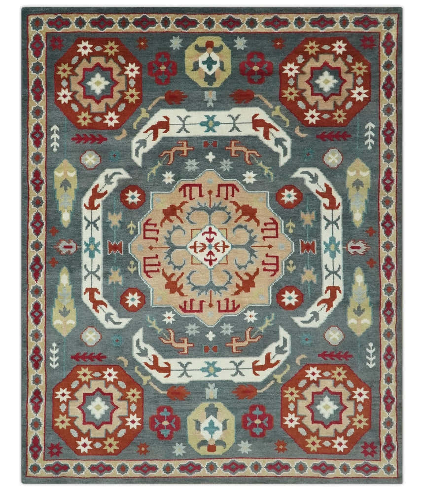 Custom Made Gray, Rust and Peach Traditional Medallion Mamluk Design wool Rug