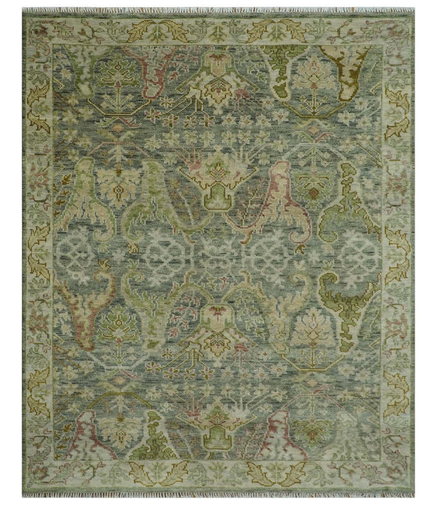 Custom Made Gray, Silver and Green Hand Knotted Traditional Large Design wool area rug