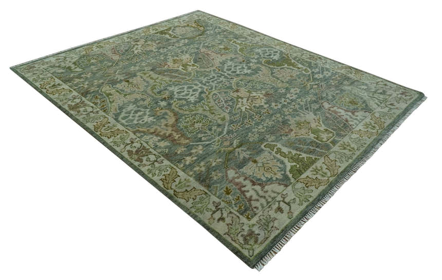 Custom Made Gray, Silver and Green Hand Knotted Traditional Large Design wool area rug