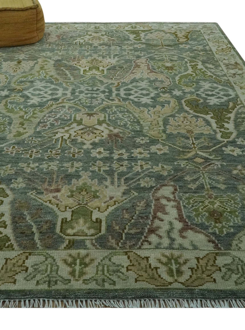 Custom Made Gray, Silver and Green Hand Knotted Traditional Large Design wool area rug