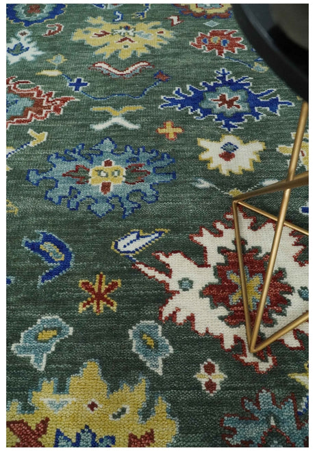 Custom Made Green and Ivory Colorful Hand knotted Traditional Oushak wool Area Rug
