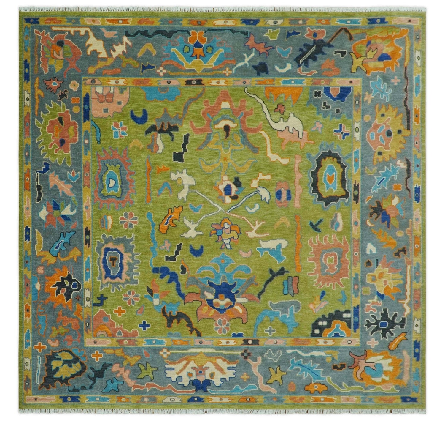 Custom Made Green, Gray and Peach Colorful Hand knotted Traditional Oushak wool Area Rug