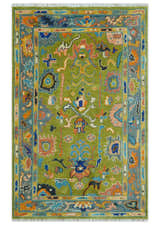 Custom Made Green, Gray and Peach Colorful Hand knotted Traditional Oushak wool Area Rug
