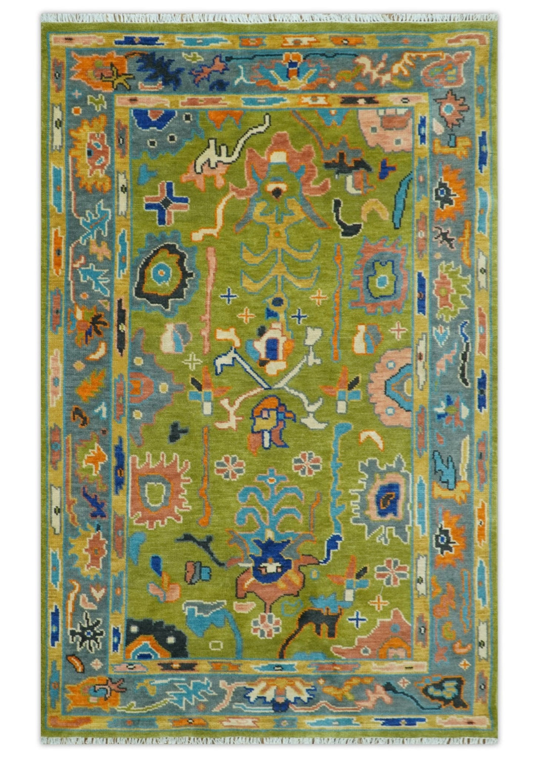 Custom Made Green, Gray and Peach Colorful Hand knotted Traditional Oushak wool Area Rug