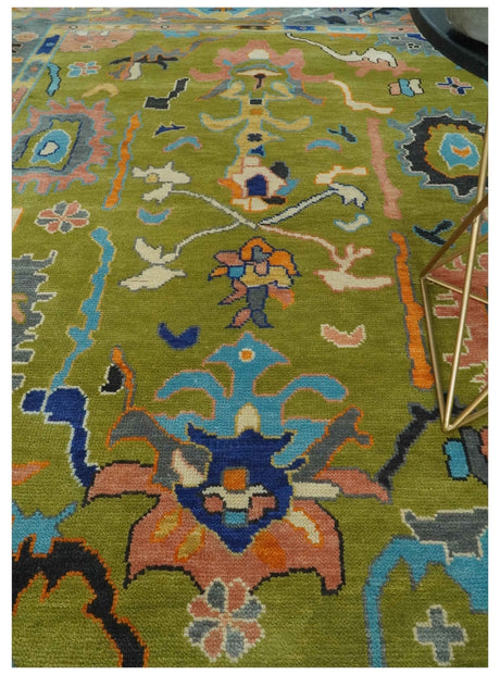 Custom Made Green, Gray and Peach Colorful Hand knotted Traditional Oushak wool Area Rug