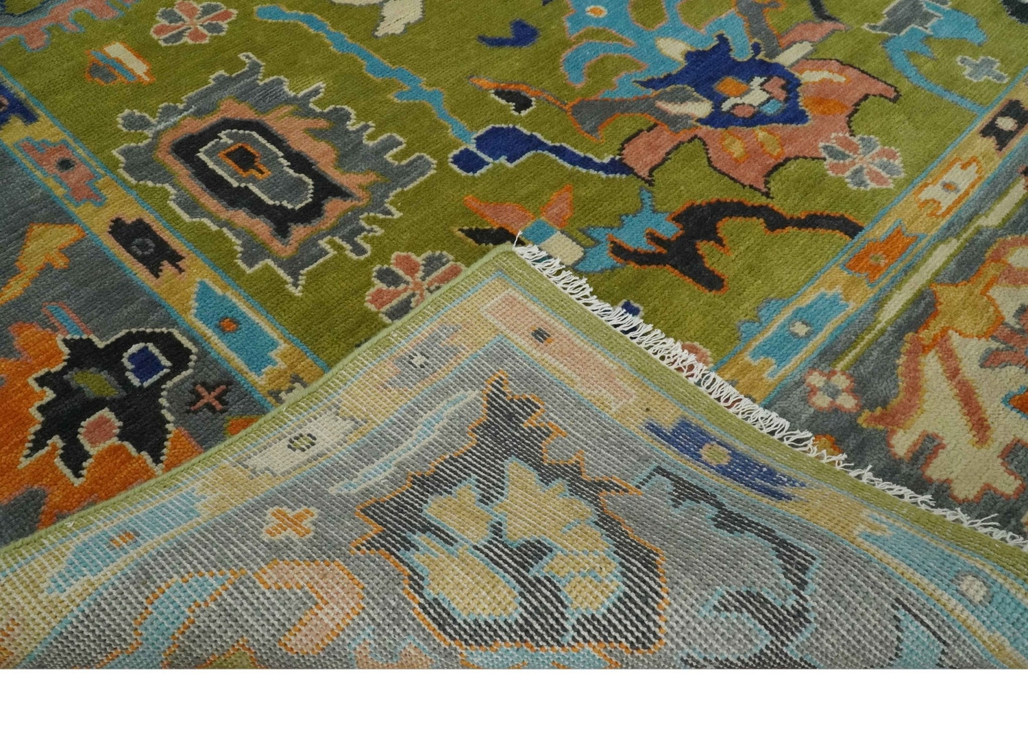 Custom Made Green, Gray and Peach Colorful Hand knotted Traditional Oushak wool Area Rug