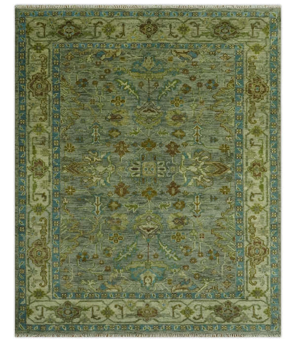 Custom Made Green Hand Knotted Antique Design Traditional Oushak wool area rug