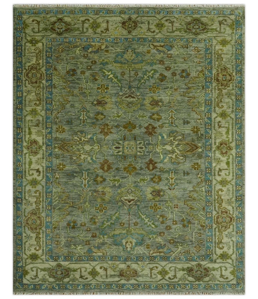 Custom Made Green Hand Knotted Antique Design Traditional Oushak wool area rug