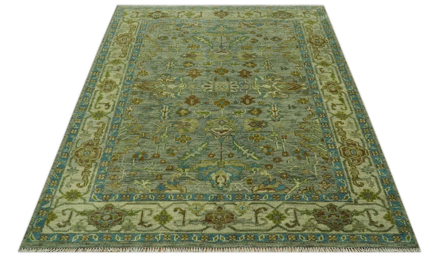 Custom Made Green Hand Knotted Antique Design Traditional Oushak wool area rug
