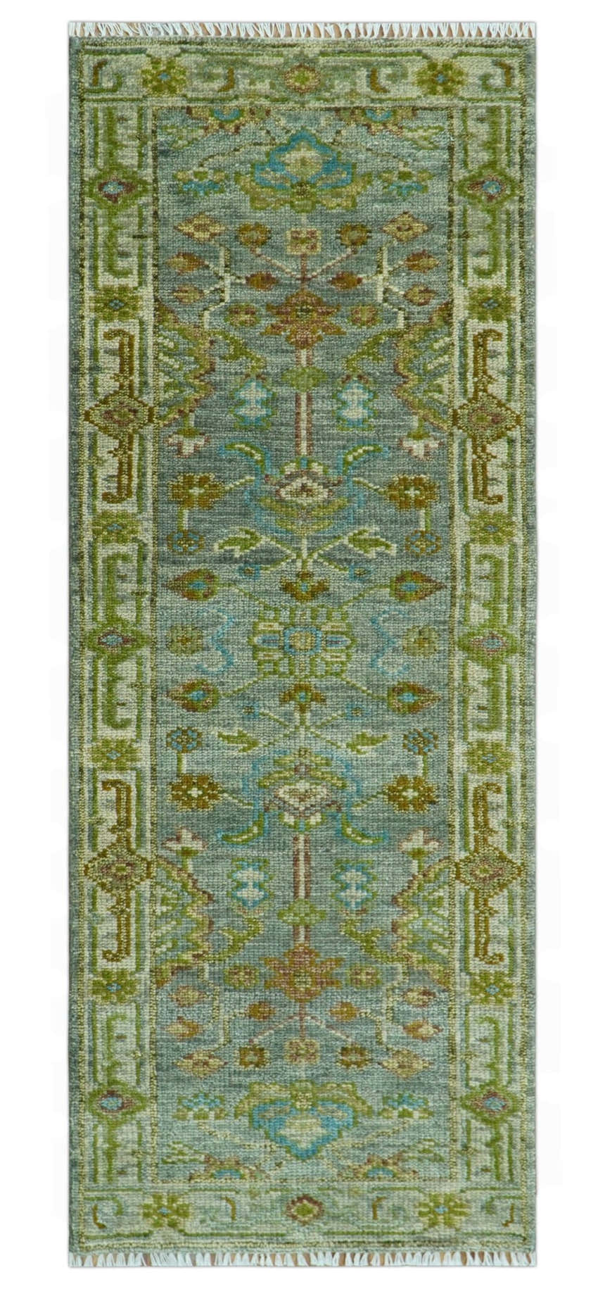 Custom Made Green Hand Knotted Antique Design Traditional Oushak wool area rug