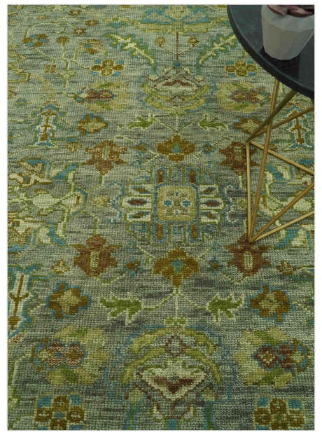 Custom Made Green Hand Knotted Antique Design Traditional Oushak wool area rug
