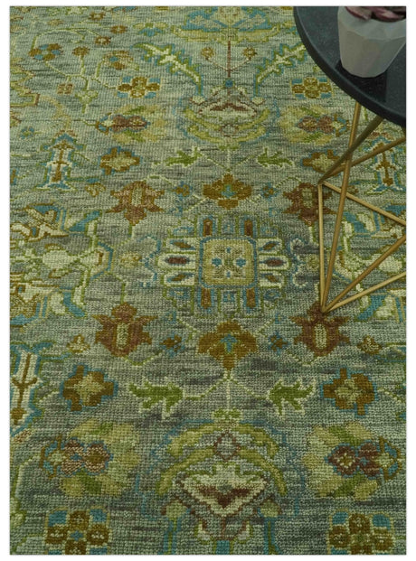 Custom Made Green Hand Knotted Antique Design Traditional Oushak wool area rug