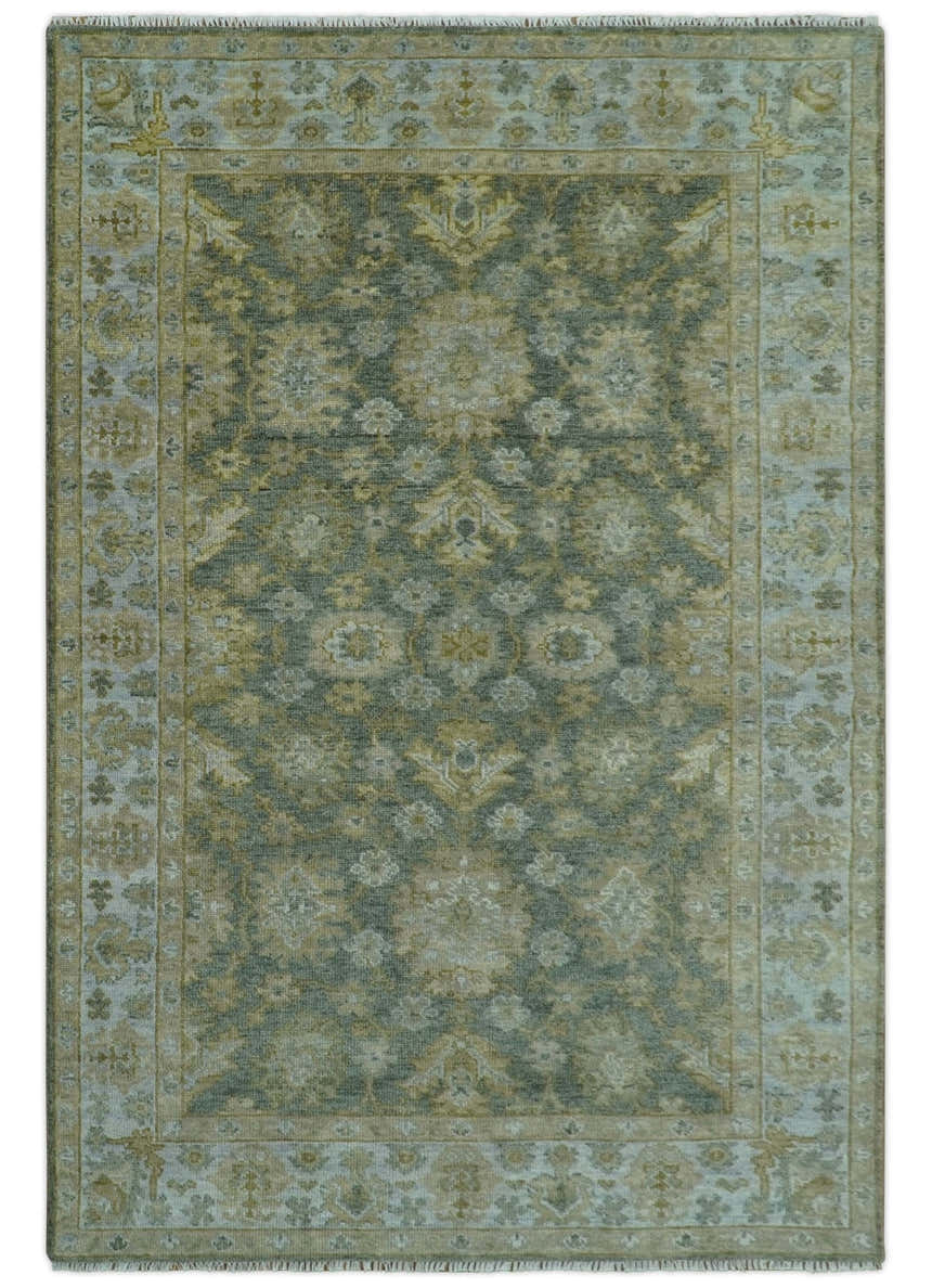 Custom Made Green, Silver and Olive Hand knotted Traditional Oushak Wool Area Rug